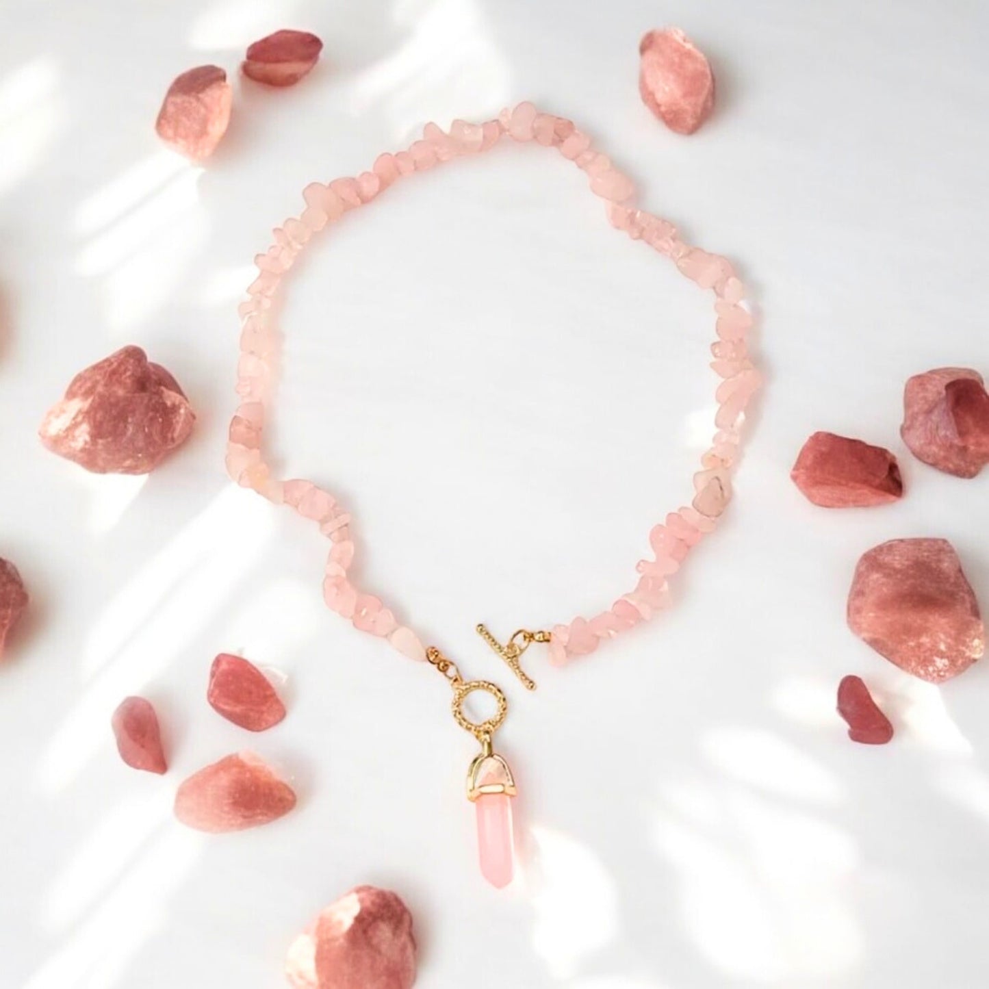 Natural Rose Quartz Gemstone Chip T-Bar Necklace