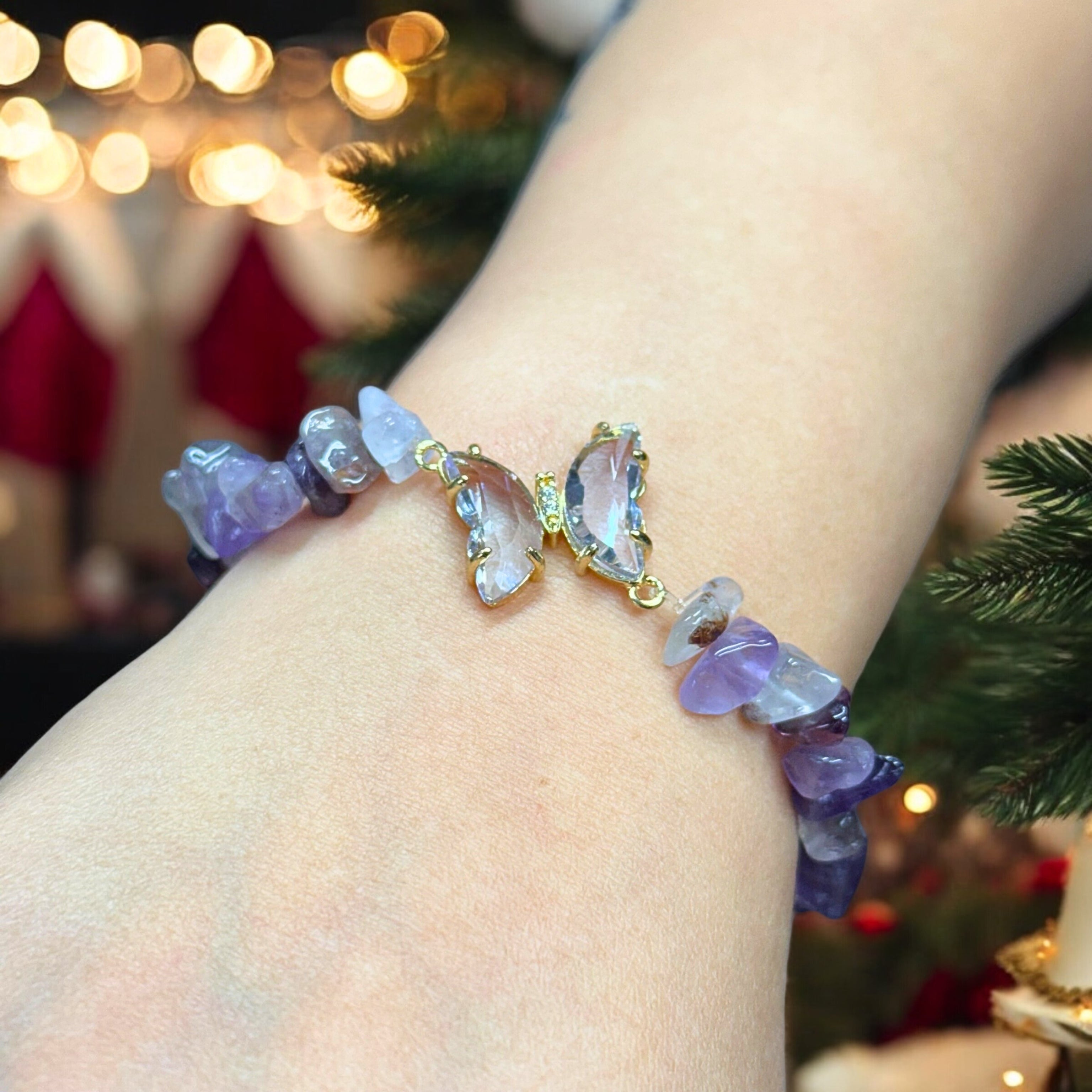 Natural Amethyst Butterfly Charm Bracelet