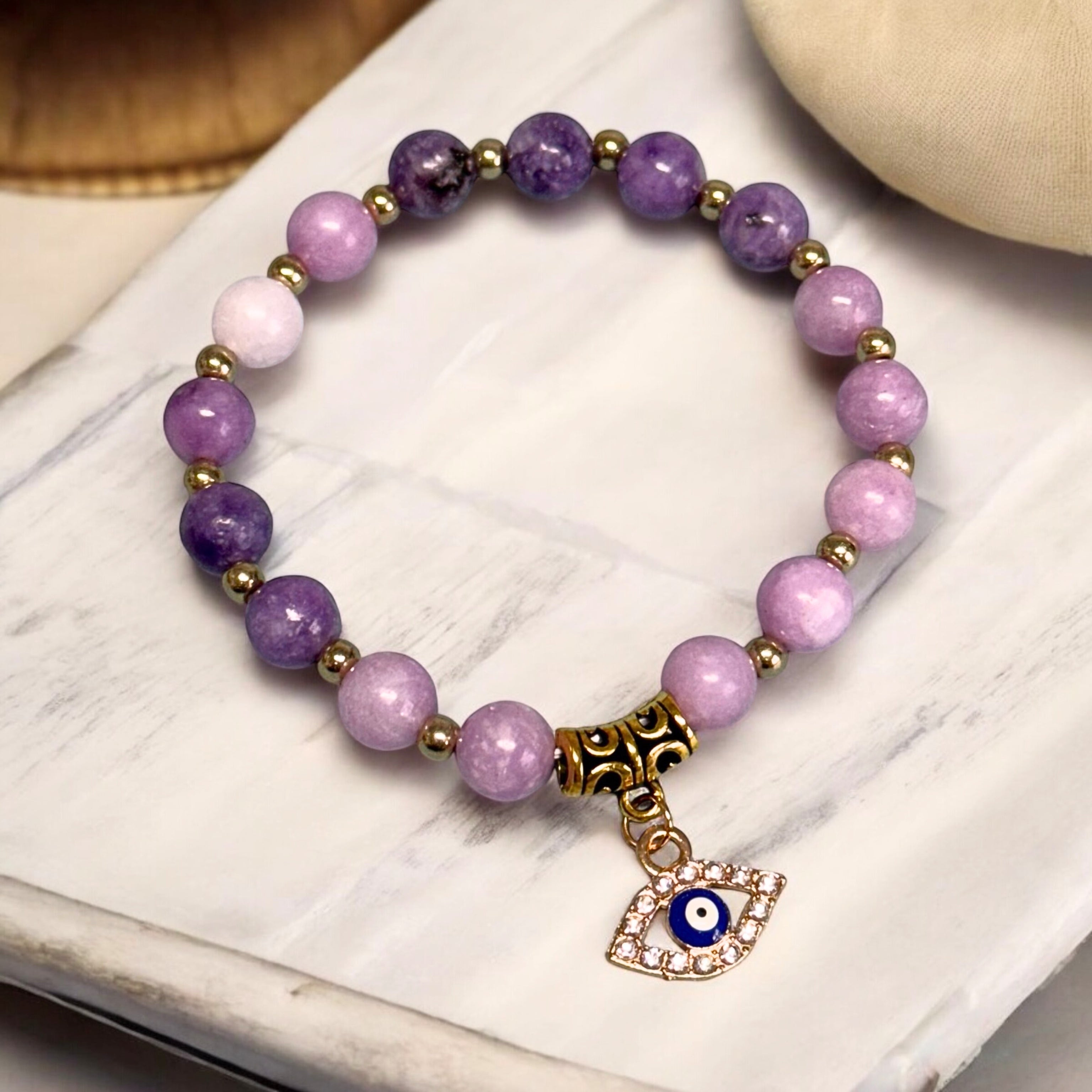 Natural Stone Beaded Evil Eye Charm Bracelet