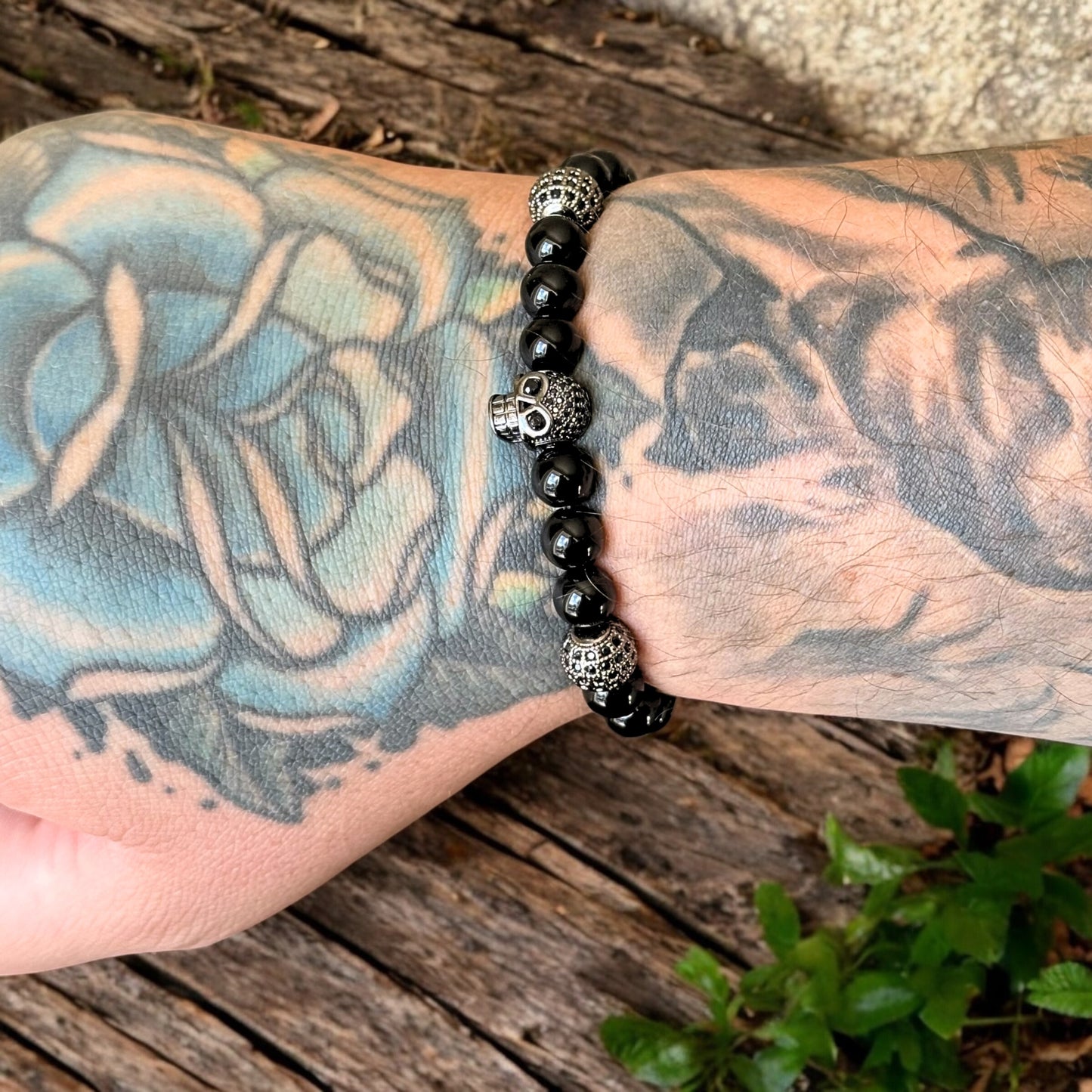 Natural Black Tourmaline Skull Protection Bracelet