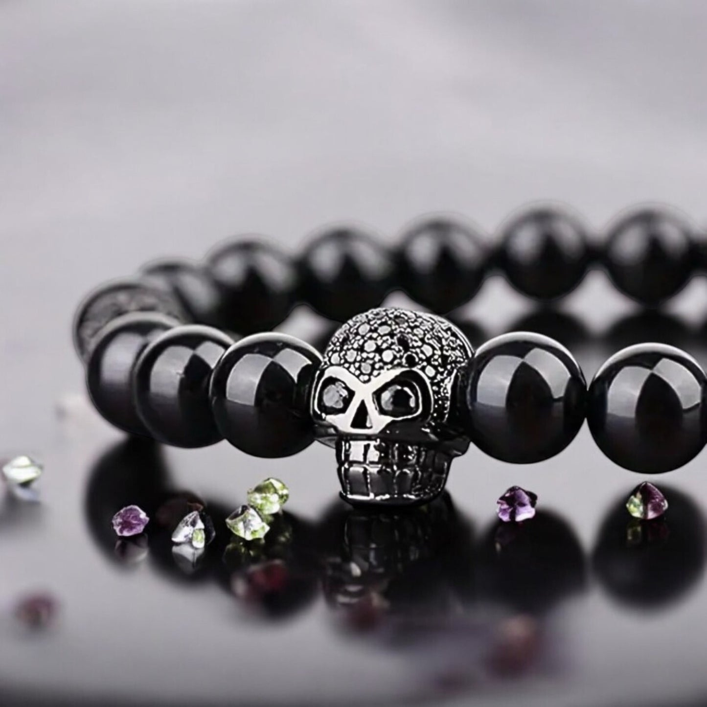 Natural Black Tourmaline Skull Protection Bracelet