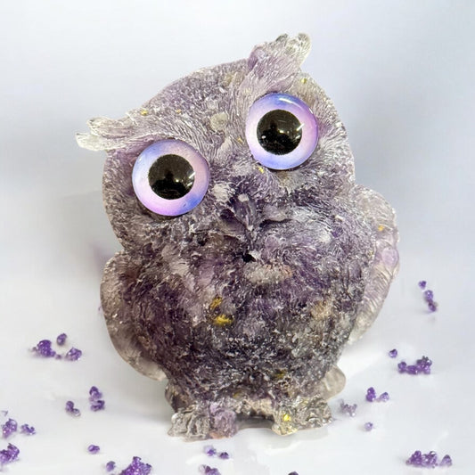 Natural Amethyst Gemstone Filled Resin Owl