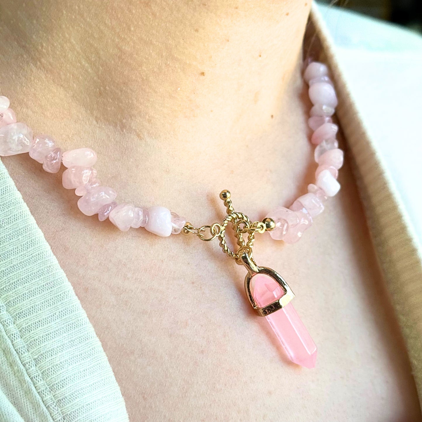 Natural Rose Quartz Gemstone Chip T-Bar Necklace