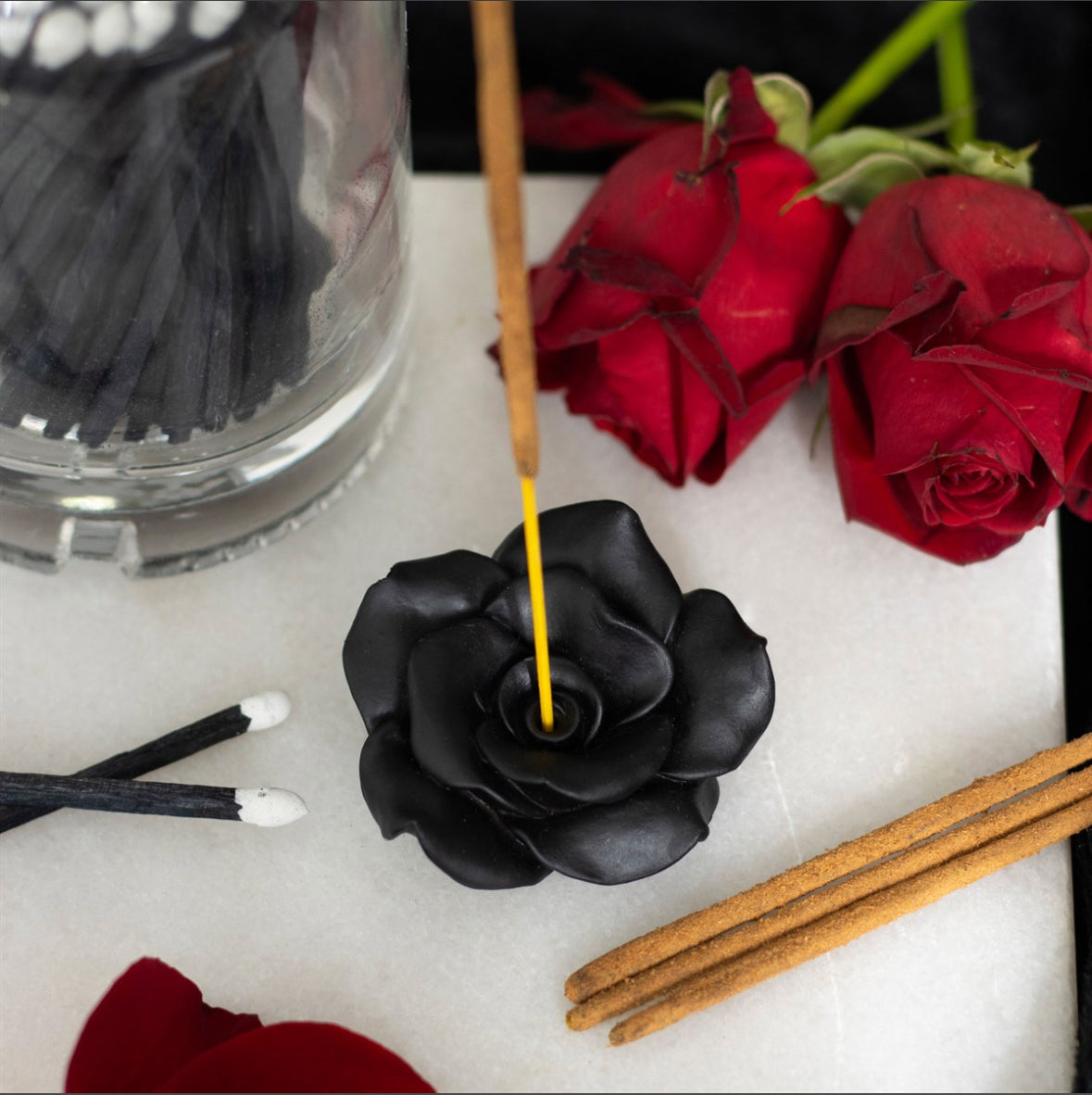 Black Resin Rose Incense Stick Holder