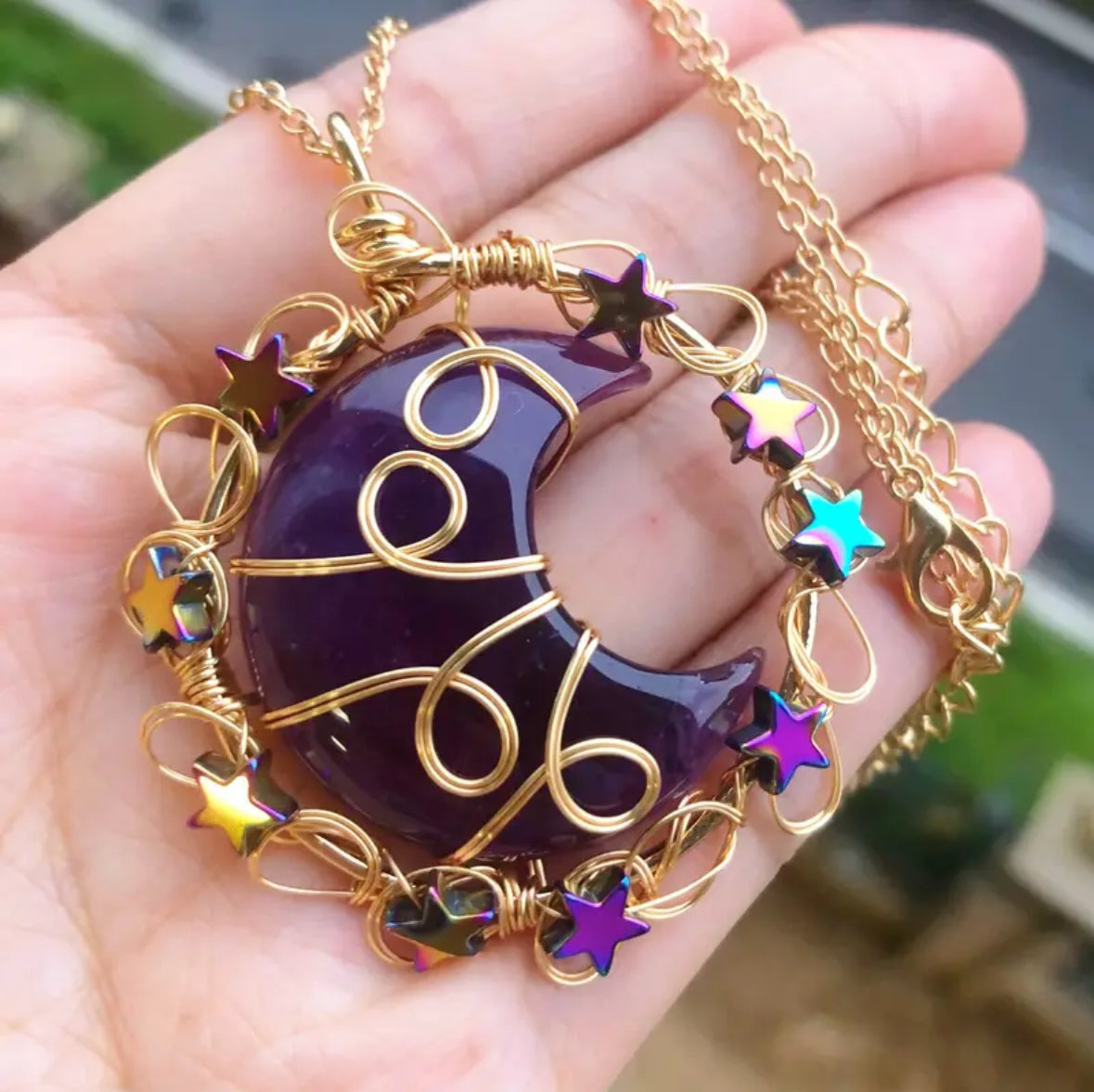 Natural Amethyst Gemstone Moon Pendant Necklace